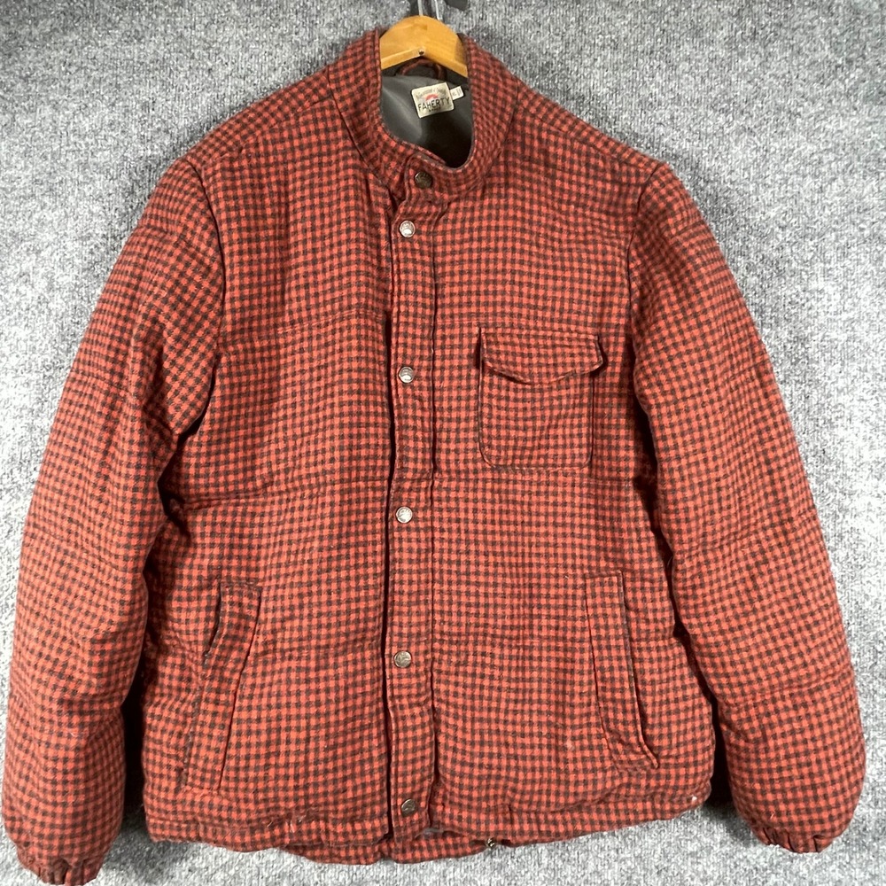 Faherty Jacket Mens XL‎ Red Slim Houndstooth Flannel Snap Wool Blend Goose Down